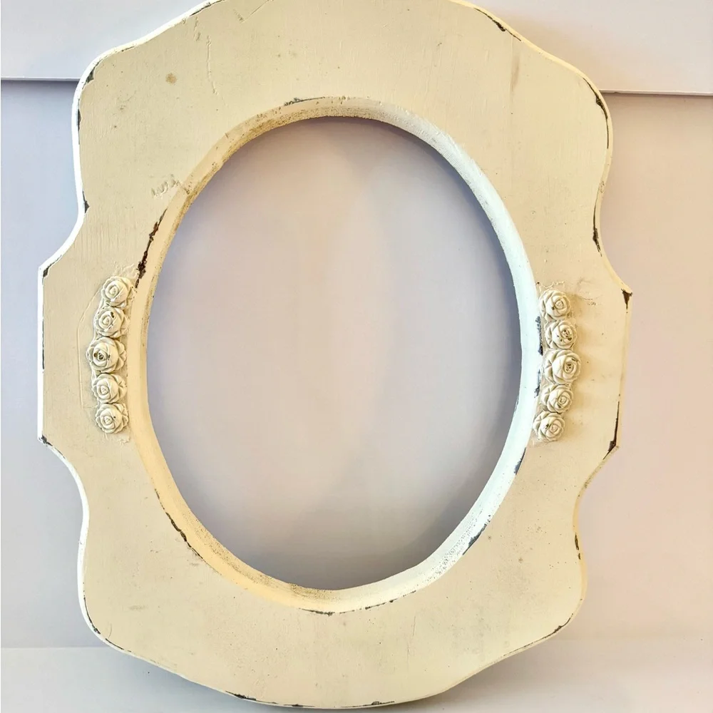 Vintage Chunky White Wooden frame with Roses Shabby Chic Wood wall Cottagecore